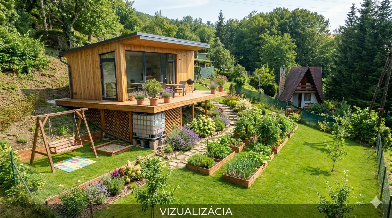Návrh modernej chaty v Kavečanoch ako inšpirácia pre záhradný pozemok.